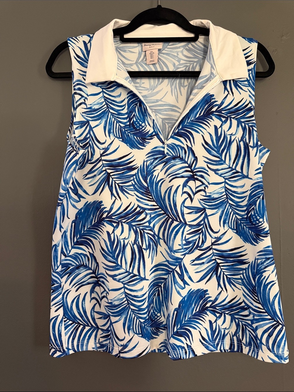 Tommy Bahama Blue and White Palm-Print Sleeveless Golf Polo Tank Preppy Sz L